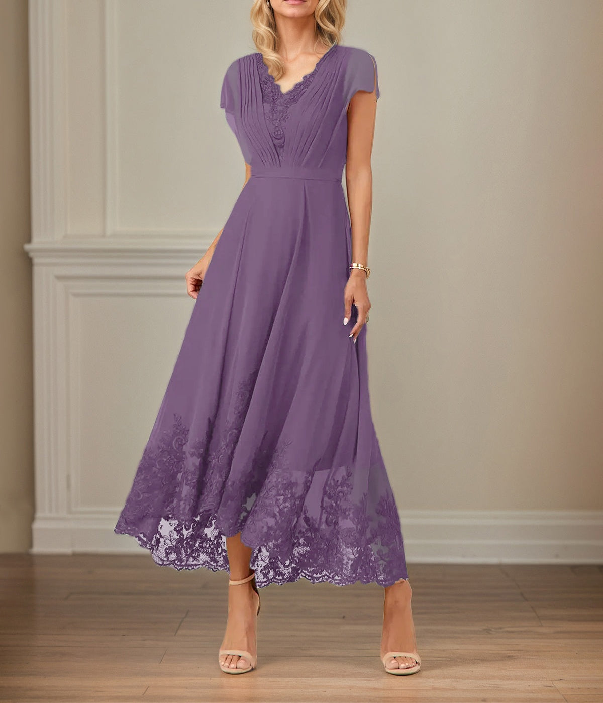 A Line V Neck Flutter Sleeve Ankle Length Chiffon Dress With Appliques