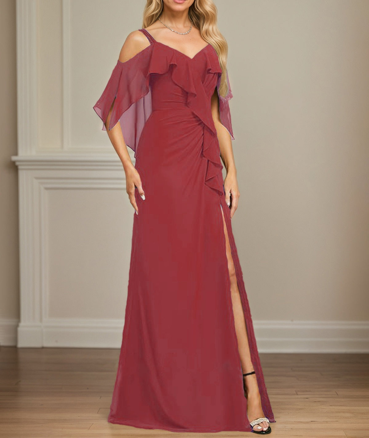 Sheath/Column Cold Shoulder V-Neck Floor-Length Chiffon Dress With Cascading Ruffles Sequins Beading
