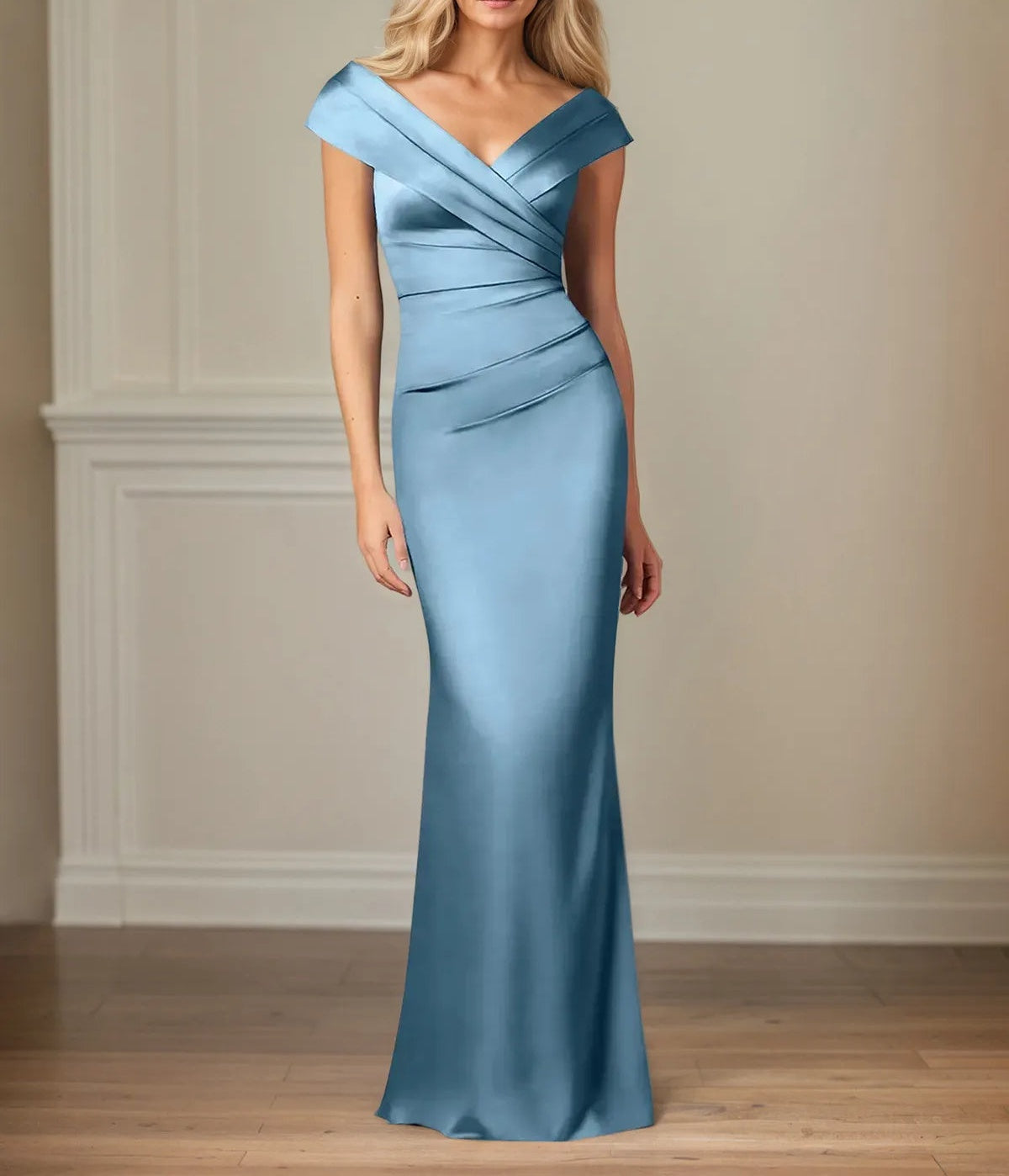 Trumpet/Mermaid V Neck Sleeveless Floor-Length Satin Dress With Pleated