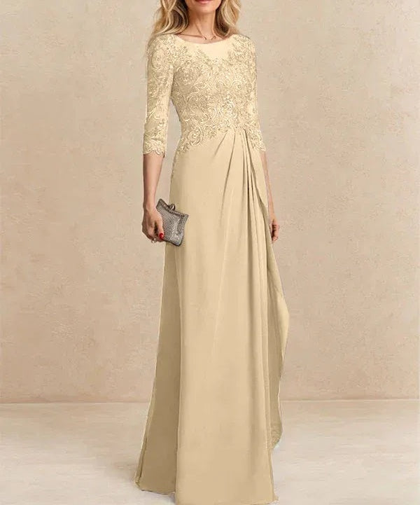 A-line Scoop Illusion Floor-Length Chiffon Lace Mother of the Bride Dress With Beading Sequins Cascading Ruffles