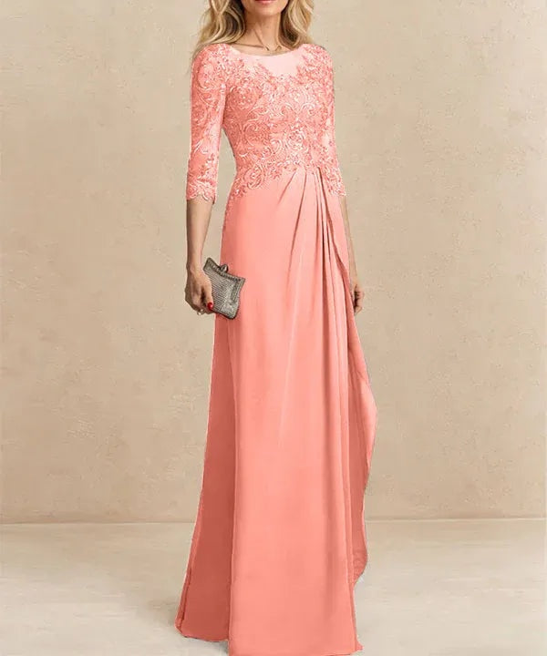 A-line Scoop Illusion Floor-Length Chiffon Lace Mother of the Bride Dress With Beading Sequins Cascading Ruffles