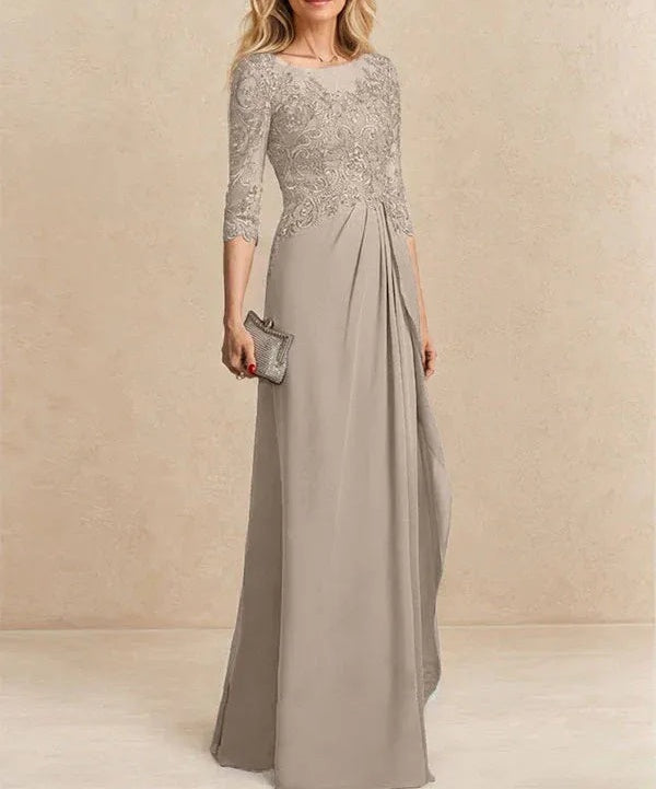 A-line Scoop Illusion Floor-Length Chiffon Lace Mother of the Bride Dress With Beading Sequins Cascading Ruffles