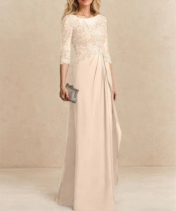 A-line Scoop Illusion Floor-Length Chiffon Lace Mother of the Bride Dress With Beading Sequins Cascading Ruffles