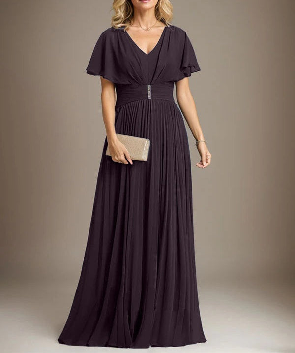 A-line V-Neck Floor-Length Chiffon Mother of the Bride Dress With Crystal Brooch Pleated