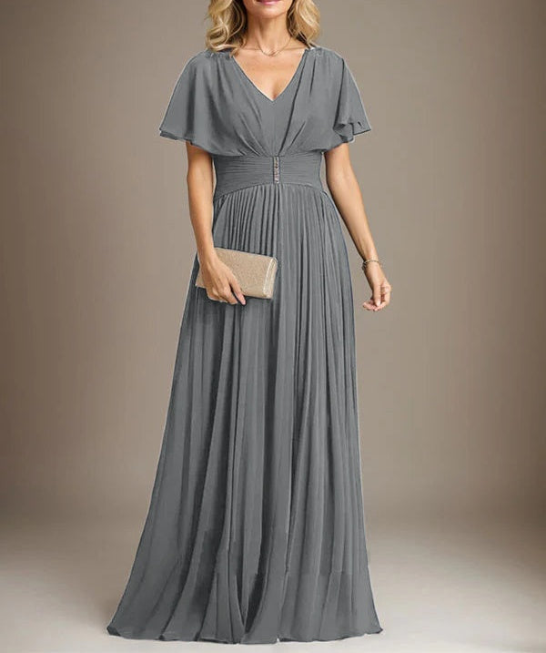 A-line V-Neck Floor-Length Chiffon Mother of the Bride Dress With Crystal Brooch Pleated