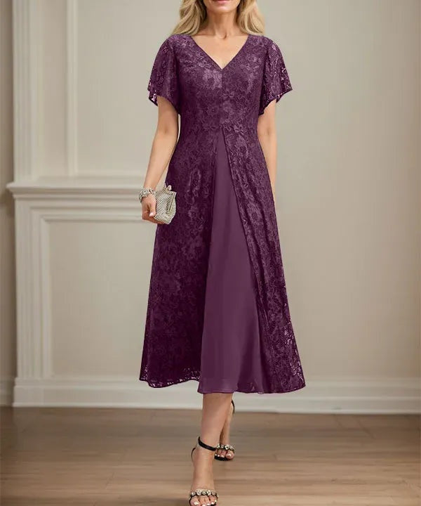 A-line V-Neck Tea-Length Lace Chiffon Mother of the Bride Dress