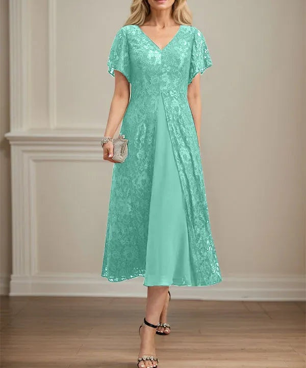 A-line V-Neck Tea-Length Lace Chiffon Mother of the Bride Dress