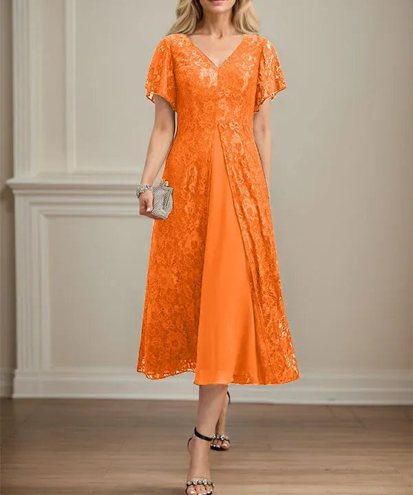 A-line V-Neck Tea-Length Lace Chiffon Mother of the Bride Dress