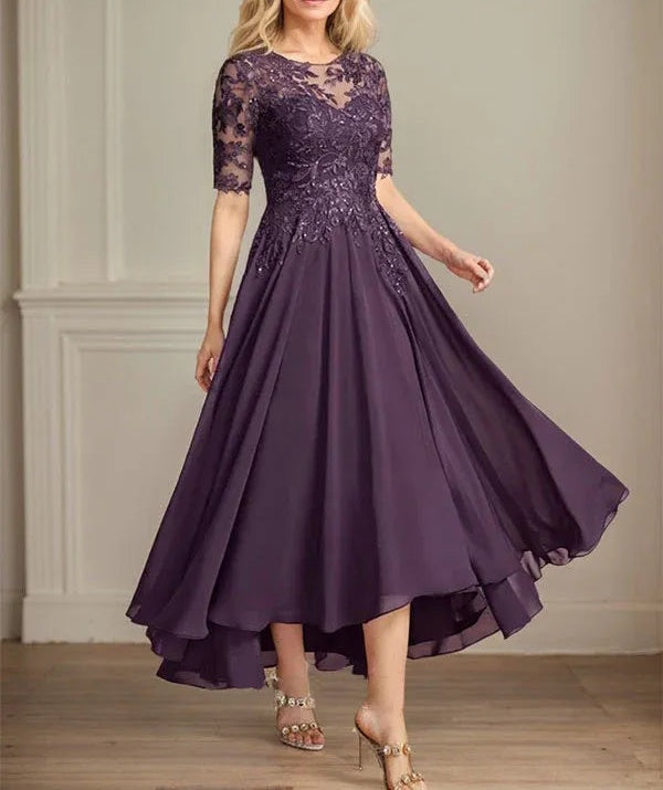 A-line Scoop Illusion Asymmetrical Chiffon Lace Mother of the Bride Dress With Sequins