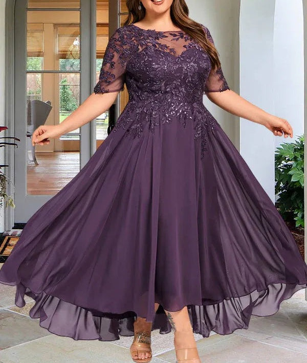 A-line Scoop Illusion Asymmetrical Chiffon Lace Mother of the Bride Dress With Sequins