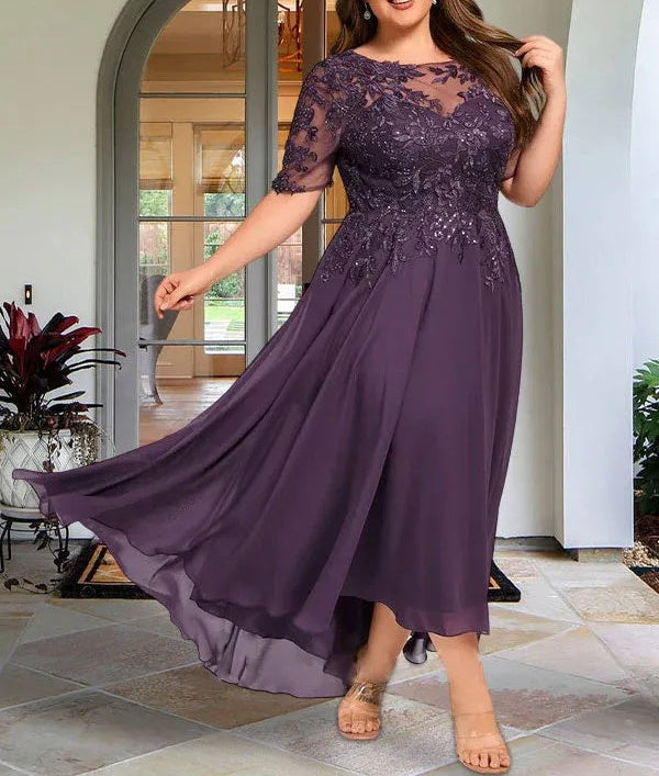 A-line Scoop Illusion Asymmetrical Chiffon Lace Mother of the Bride Dress With Sequins