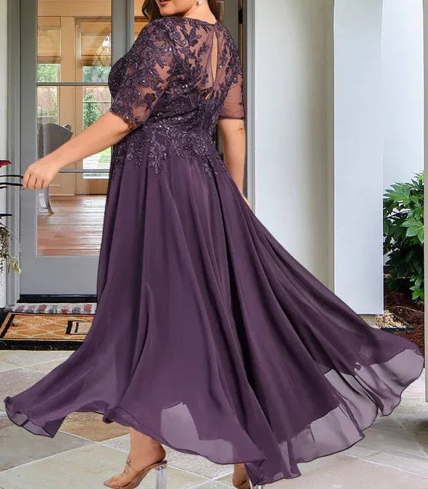A-line Scoop Illusion Asymmetrical Chiffon Lace Mother of the Bride Dress With Sequins