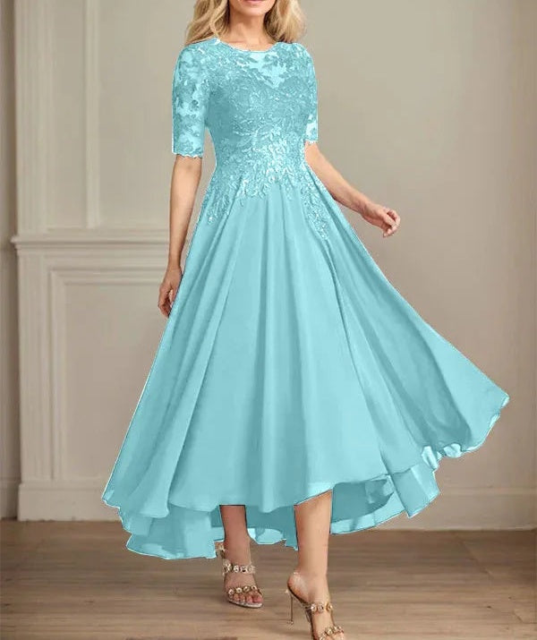 A-line Scoop Illusion Asymmetrical Chiffon Lace Mother of the Bride Dress With Sequins