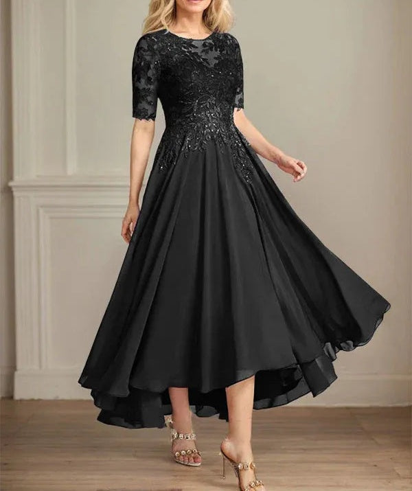 A-line Scoop Illusion Asymmetrical Chiffon Lace Mother of the Bride Dress With Sequins