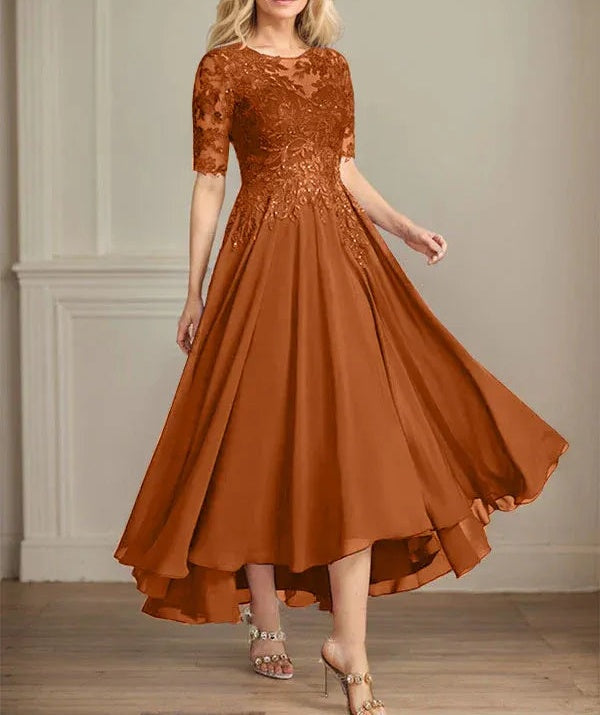 A-line Scoop Illusion Asymmetrical Chiffon Lace Mother of the Bride Dress With Sequins