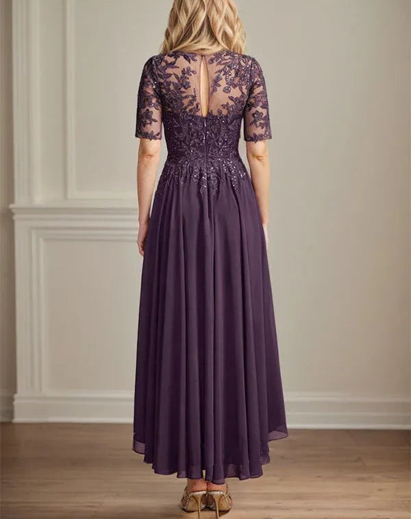 A-line Scoop Illusion Asymmetrical Chiffon Lace Mother of the Bride Dress With Sequins