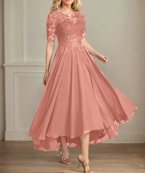 A-line Scoop Illusion Asymmetrical Chiffon Lace Mother of the Bride Dress With Sequins