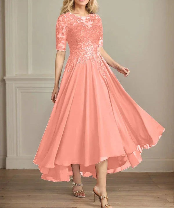 A-line Scoop Illusion Asymmetrical Chiffon Lace Mother of the Bride Dress With Sequins