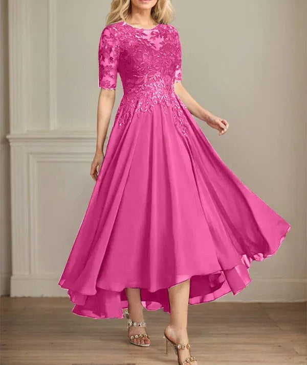 A-line Scoop Illusion Asymmetrical Chiffon Lace Mother of the Bride Dress With Sequins
