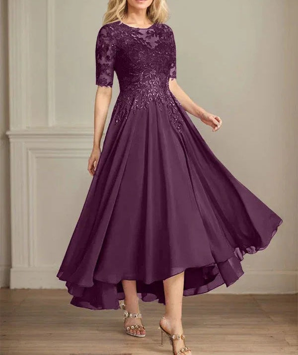 A-line Scoop Illusion Asymmetrical Chiffon Lace Mother of the Bride Dress With Sequins