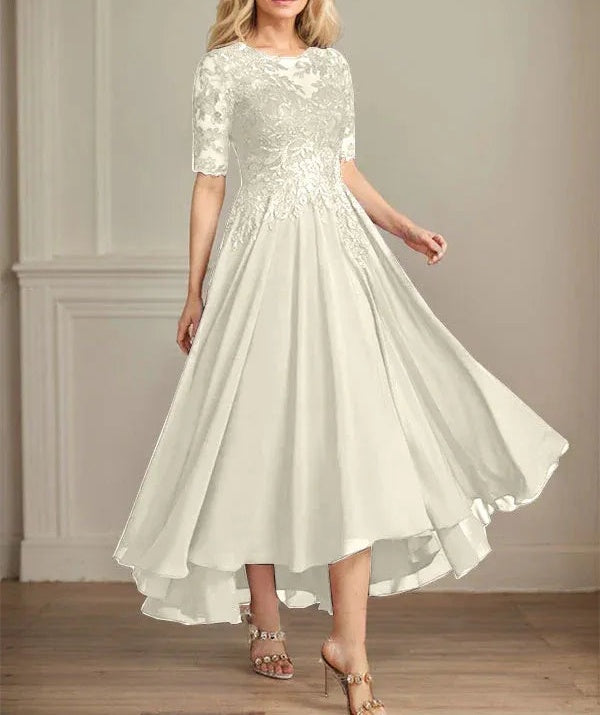 A-line Scoop Illusion Asymmetrical Chiffon Lace Mother of the Bride Dress With Sequins