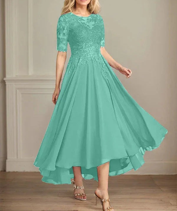 A-line Scoop Illusion Asymmetrical Chiffon Lace Mother of the Bride Dress With Sequins