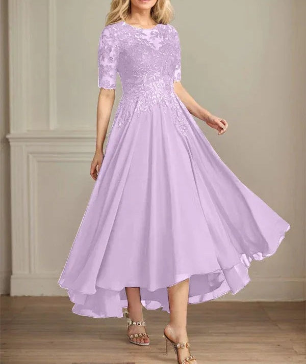 A-line Scoop Illusion Asymmetrical Chiffon Lace Mother of the Bride Dress With Sequins