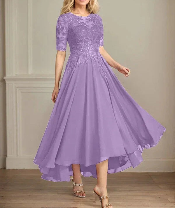 A-line Scoop Illusion Asymmetrical Chiffon Lace Mother of the Bride Dress With Sequins