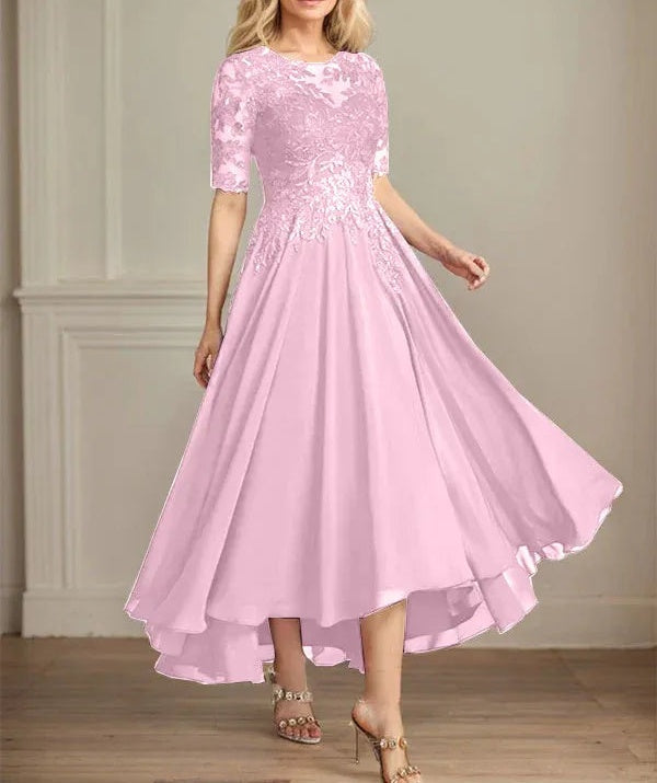 A-line Scoop Illusion Asymmetrical Chiffon Lace Mother of the Bride Dress With Sequins