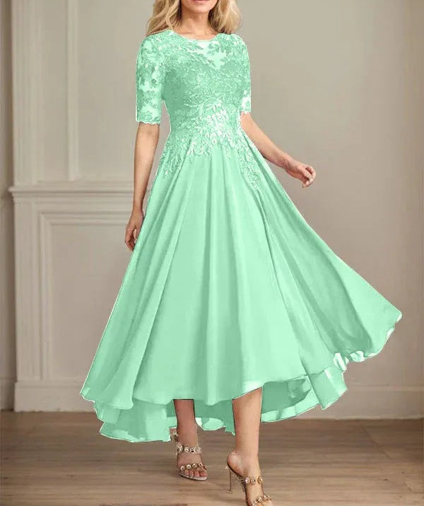 A-line Scoop Illusion Asymmetrical Chiffon Lace Mother of the Bride Dress With Sequins