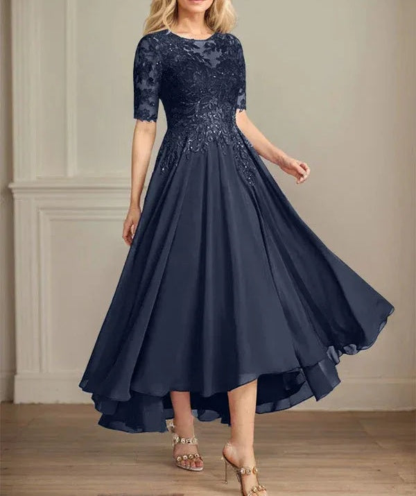 A-line Scoop Illusion Asymmetrical Chiffon Lace Mother of the Bride Dress With Sequins