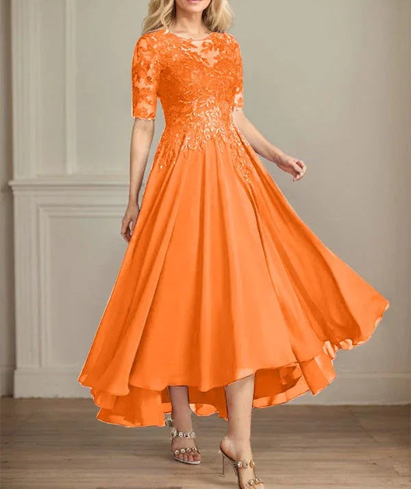 A-line Scoop Illusion Asymmetrical Chiffon Lace Mother of the Bride Dress With Sequins