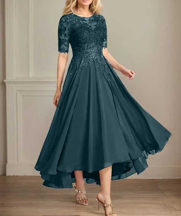 A-line Scoop Illusion Asymmetrical Chiffon Lace Mother of the Bride Dress With Sequins