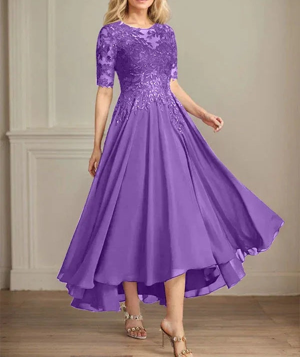 A-line Scoop Illusion Asymmetrical Chiffon Lace Mother of the Bride Dress With Sequins