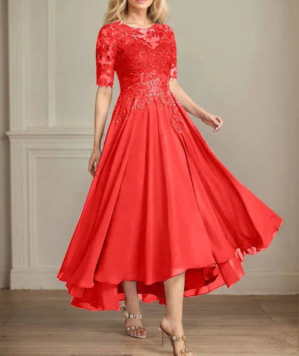 A-line Scoop Illusion Asymmetrical Chiffon Lace Mother of the Bride Dress With Sequins