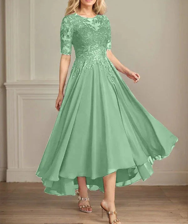 A-line Scoop Illusion Asymmetrical Chiffon Lace Mother of the Bride Dress With Sequins