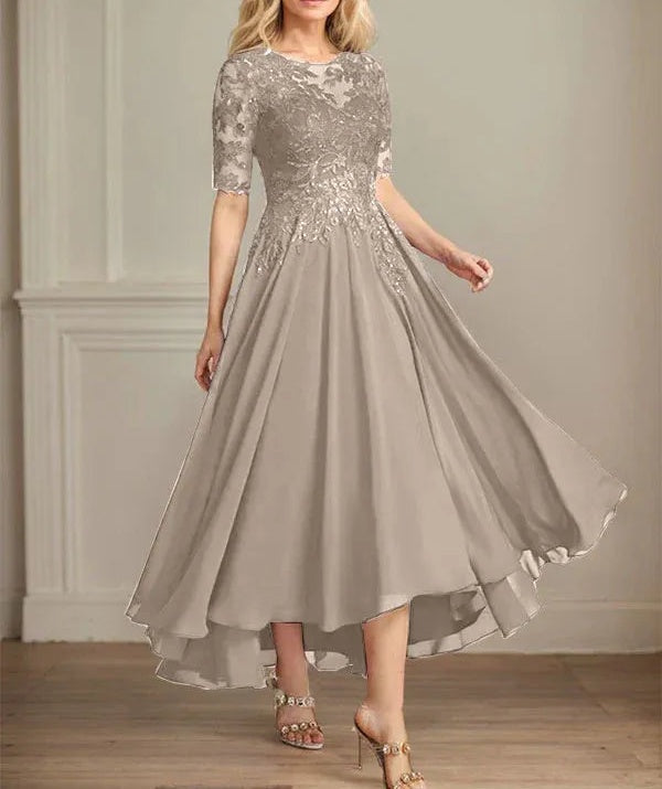 A-line Scoop Illusion Asymmetrical Chiffon Lace Mother of the Bride Dress With Sequins