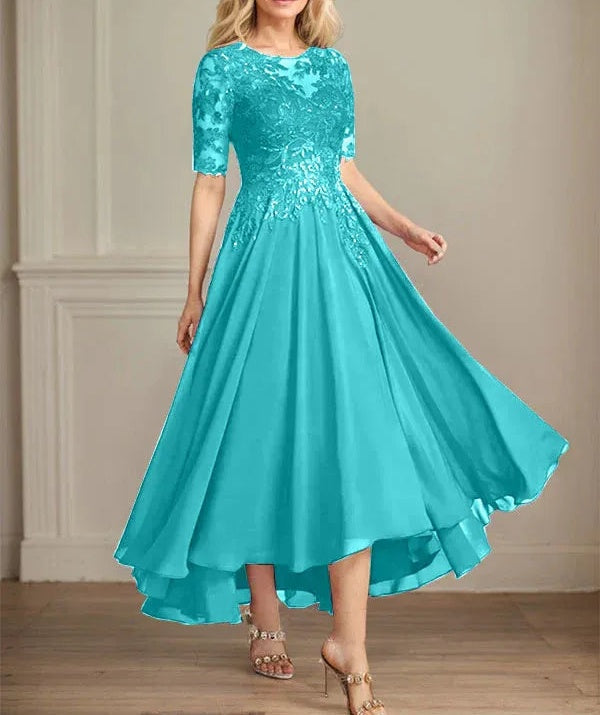 A-line Scoop Illusion Asymmetrical Chiffon Lace Mother of the Bride Dress With Sequins