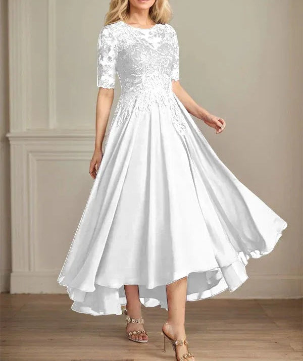 A-line Scoop Illusion Asymmetrical Chiffon Lace Mother of the Bride Dress With Sequins