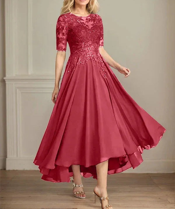 A-line Scoop Illusion Asymmetrical Chiffon Lace Mother of the Bride Dress With Sequins