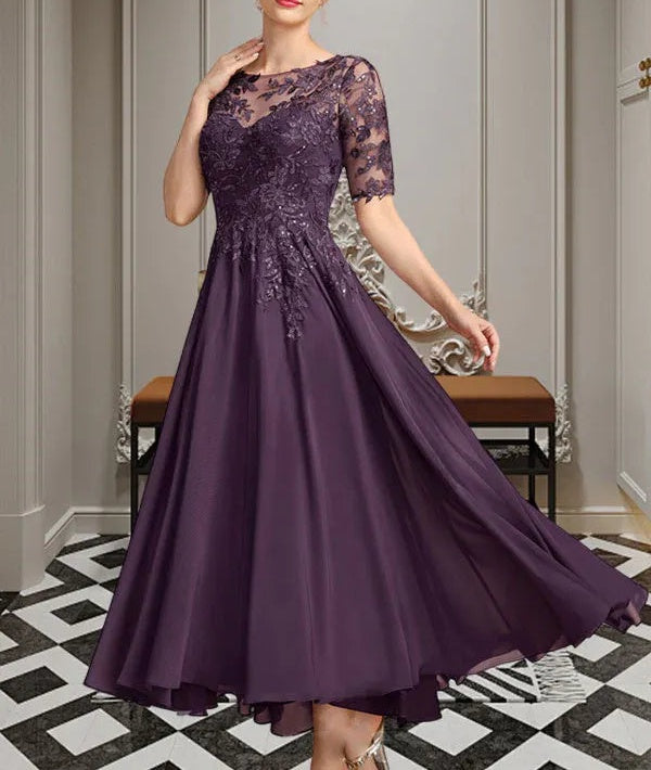 A-line Scoop Illusion Asymmetrical Chiffon Lace Mother of the Bride Dress With Sequins