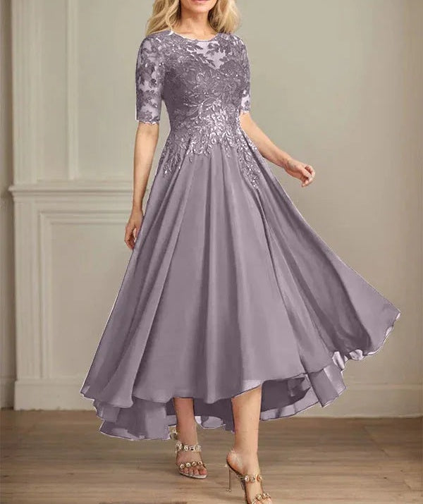 A-line Scoop Illusion Asymmetrical Chiffon Lace Mother of the Bride Dress With Sequins