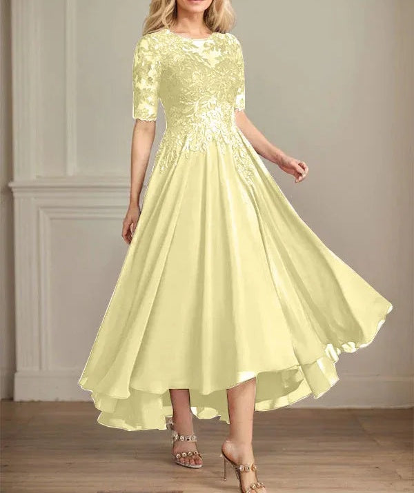 A-line Scoop Illusion Asymmetrical Chiffon Lace Mother of the Bride Dress With Sequins