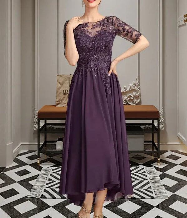 A-line Scoop Illusion Asymmetrical Chiffon Lace Mother of the Bride Dress With Sequins