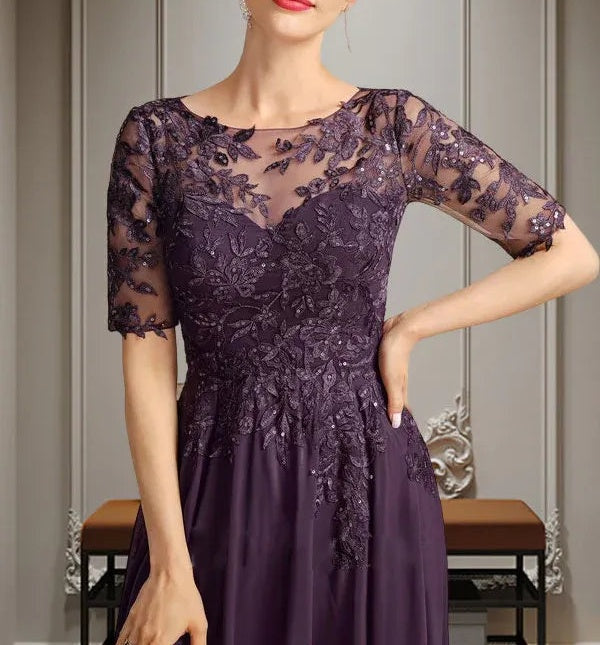A-line Scoop Illusion Asymmetrical Chiffon Lace Mother of the Bride Dress With Sequins