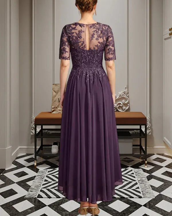 A-line Scoop Illusion Asymmetrical Chiffon Lace Mother of the Bride Dress With Sequins