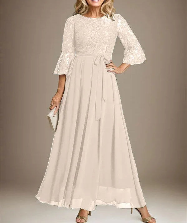A-line Scoop Ankle-Length Lace Chiffon Mother of the Bride Dress With Bow