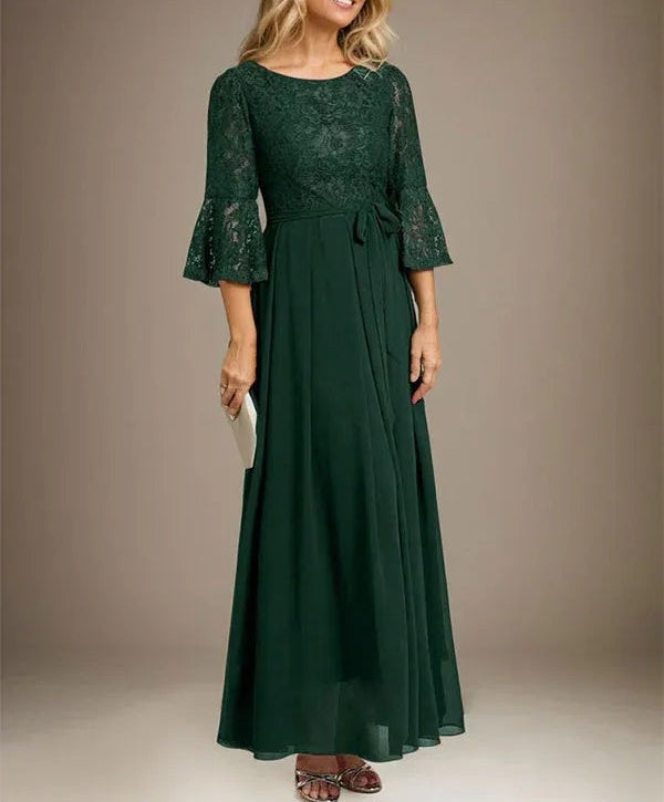 A-line Scoop Ankle-Length Lace Chiffon Mother of the Bride Dress With Bow