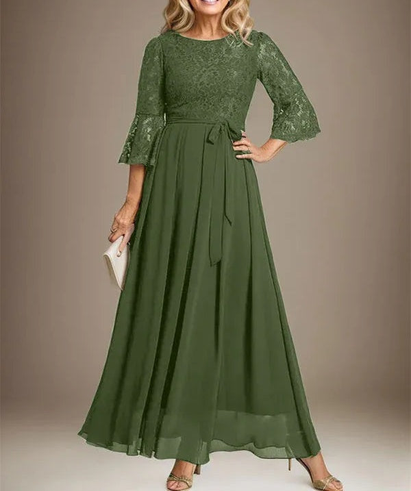 A-line Scoop Ankle-Length Lace Chiffon Mother of the Bride Dress With Bow