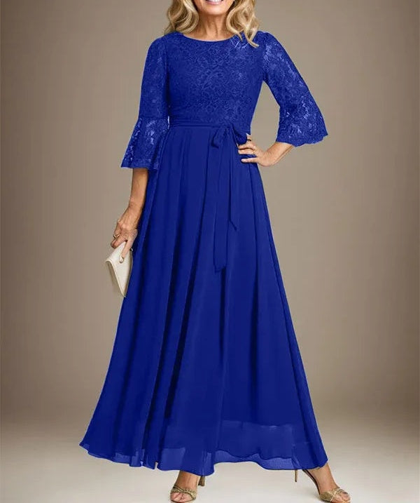 A-line Scoop Ankle-Length Lace Chiffon Mother of the Bride Dress With Bow